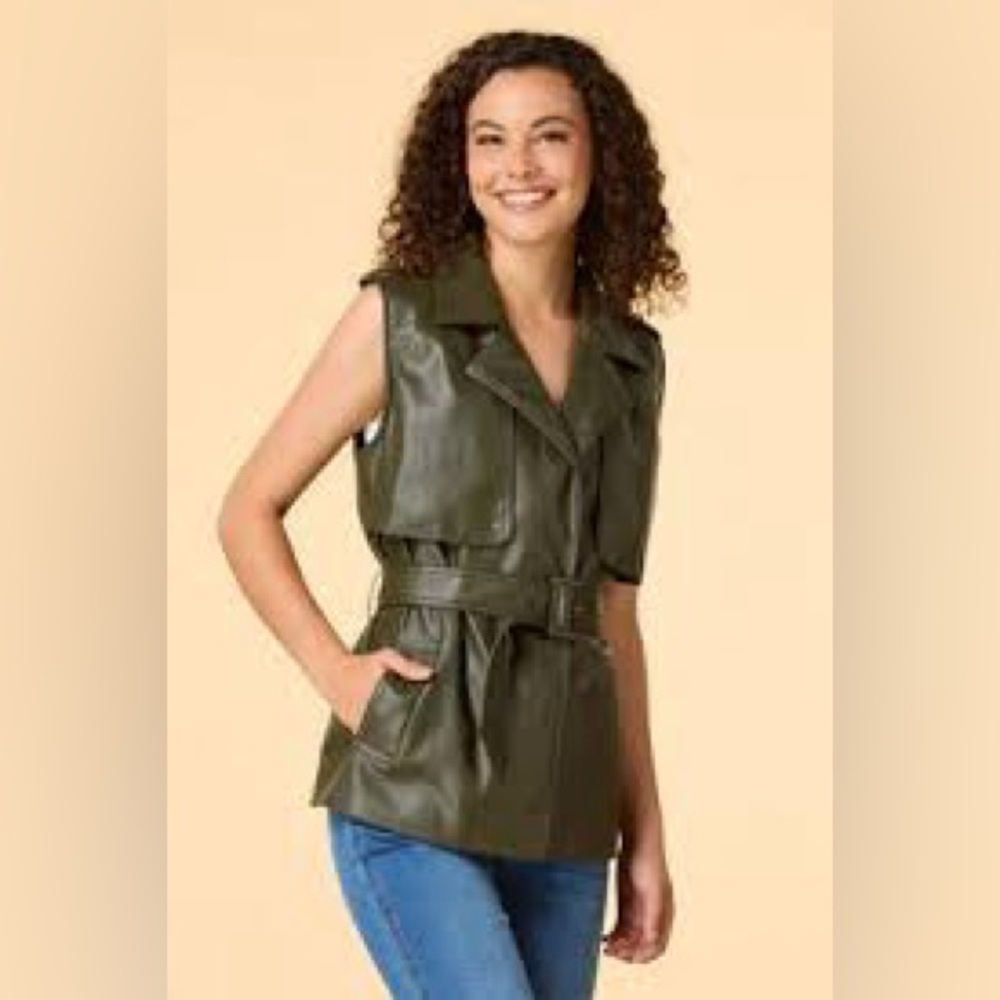 NWT Baccini‎ Faux Leather Vest Belted Women’s Size XL Green